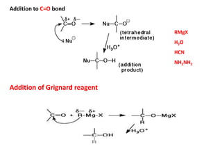 Addition to C=O bond
RMgX
H2O
HCN
NH2NH2
Addition of Grignard reagent
 