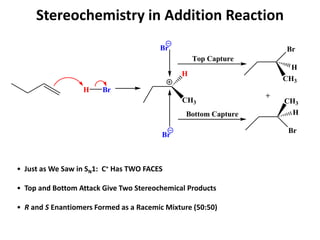 Stereochemistry in Addition Reaction
H Br
H
CH3
Br
Br
CH3
H
Br
+
CH3
H
Br
Top Capture
Bottom Capture
• Just as We Saw in SN1: C+ Has TWO FACES
• Top and Bottom Attack Give Two Stereochemical Products
• R and S Enantiomers Formed as a Racemic Mixture (50:50)
 