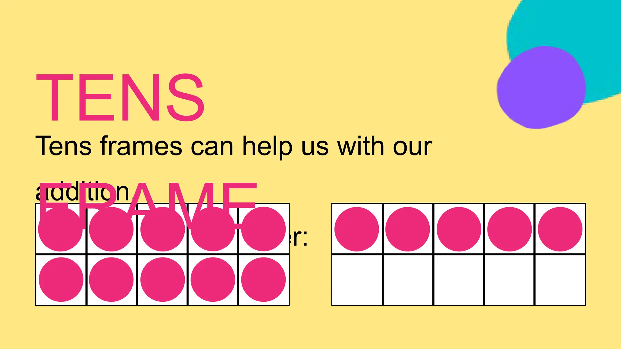 Tens frames can help us with our
addition.
Let's practice together:
TENS
FRAME
 