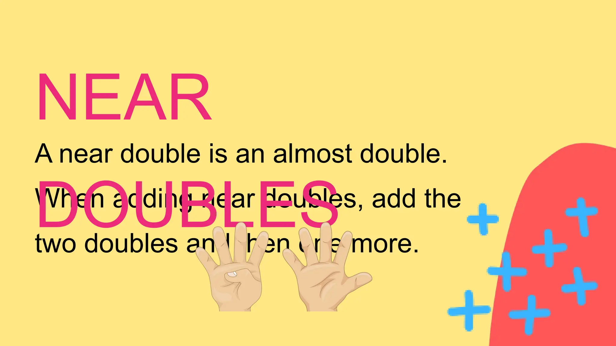 A near double is an almost double.
When adding near doubles, add the
two doubles and then one more.
NEAR
DOUBLES
 