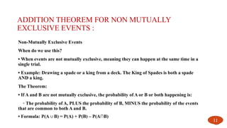 ADDITION THEOREM FOR NON MUTUALLY
EXCLUSIVE EVENTS :
Non-Mutually Exclusive Events
When do we use this?
• When events are not mutually exclusive, meaning they can happen at the same time in a
single trial.
• Example: Drawing a spade or a king from a deck. The King of Spades is both a spade
AND a king.
The Theorem:
• If A and B are not mutually exclusive, the probability of A or B or both happening is:
◦ The probability of A, PLUS the probability of B, MINUS the probability of the events
that are common to both A and B.
• Formula: P(A B) = P(A) + P(B) – P(A∩B)
∪
11
 