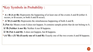 Key Symbols in Probability :

 A B (A or B):
∪ Represents the happening of at least one of the events A and B (either A
occurs, or B occurs, or both A and B occur).
 A∩B (A and B): Represents the simultaneous happening of both A and B.
Ā (Not A): Means event A does not happen. It contains sample points that do not belong to A.
Ā∩ (Neither A nor B):
B
̄ Neither A nor B happens.
Ā∩B (Not A and B): A does not happen, but B happens.
 (A∩ ) (Ā∩B) (Exactly one of A and B):
B
̄ ∪ Exactly one of the two events A and B happens.
6
 