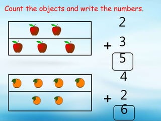 5
3
2
2
4
6
Count the objects and write the numbers.
 