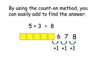 By using the count-on method, you
can easily add to find the answer.

        5+3 = 8
                    6 7 8
                   +1 +1 +1
 