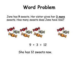 Word Problem
Jane has 9 sweets. Her sister gives her 3 more
sweets. How many sweets does Jane have now?




                 9 + 3 = 12

         She has 12 sweets now.
 