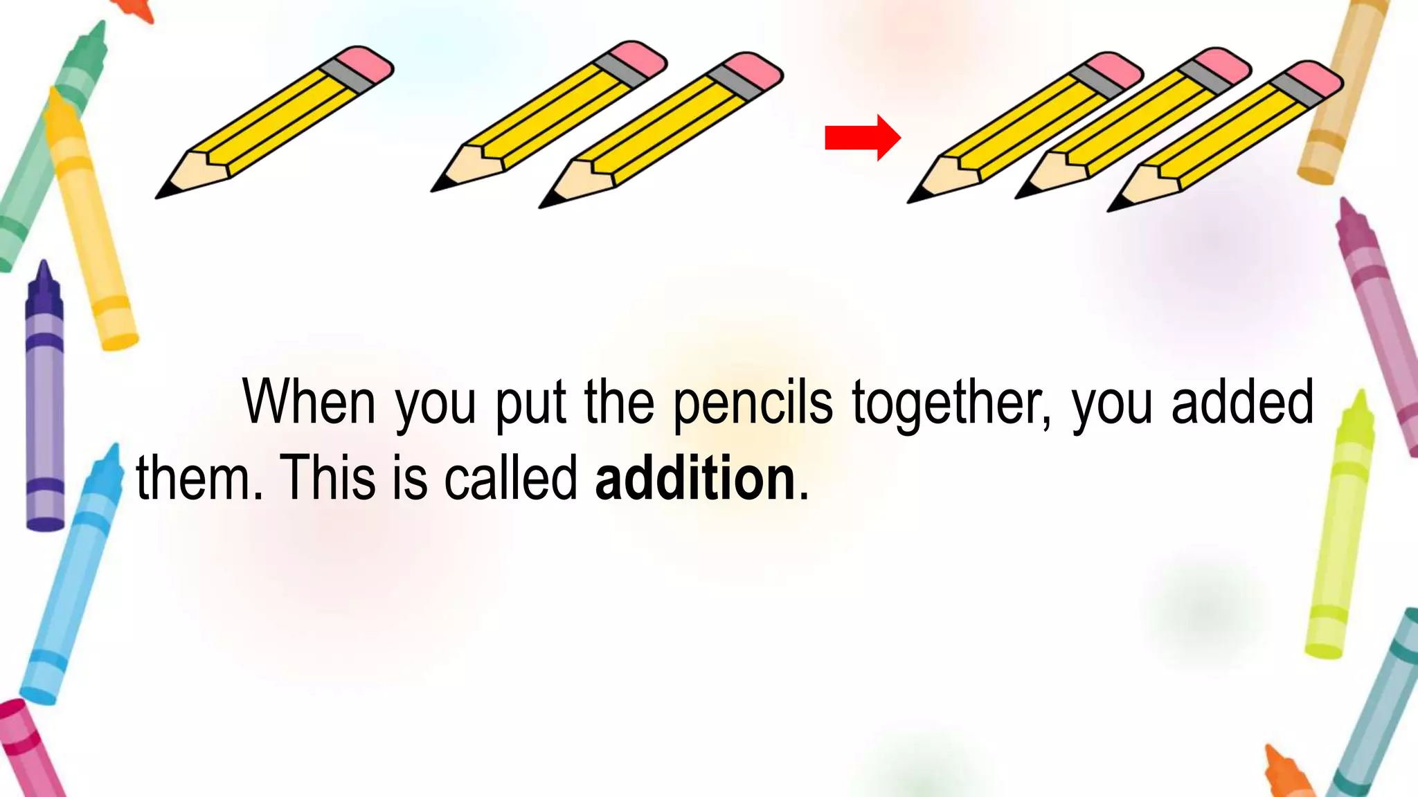 When you put the pencils together, you added
them. This is called addition.
 