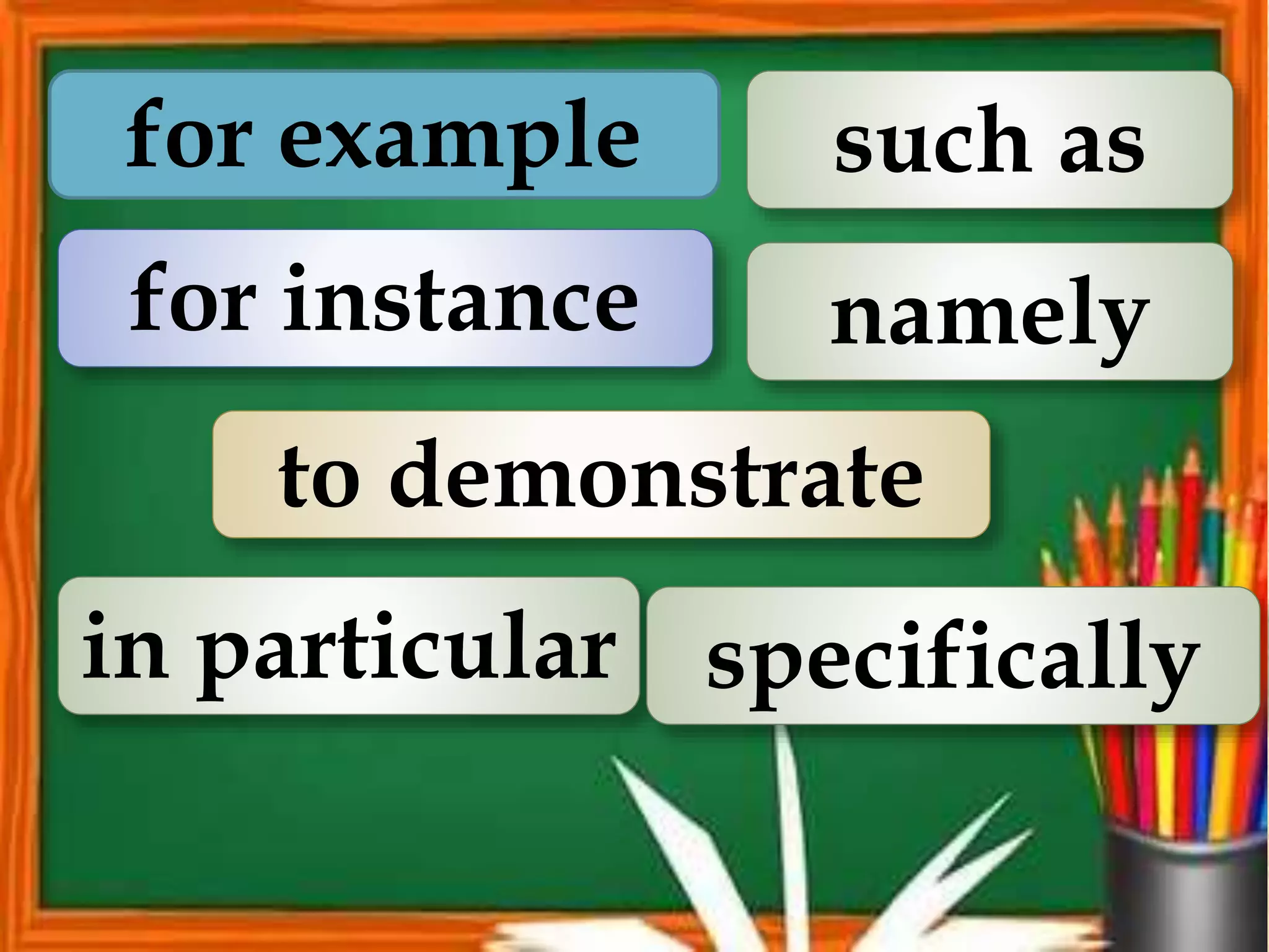 for example
to demonstrate
for instance namely
in particular
such as
specifically
 