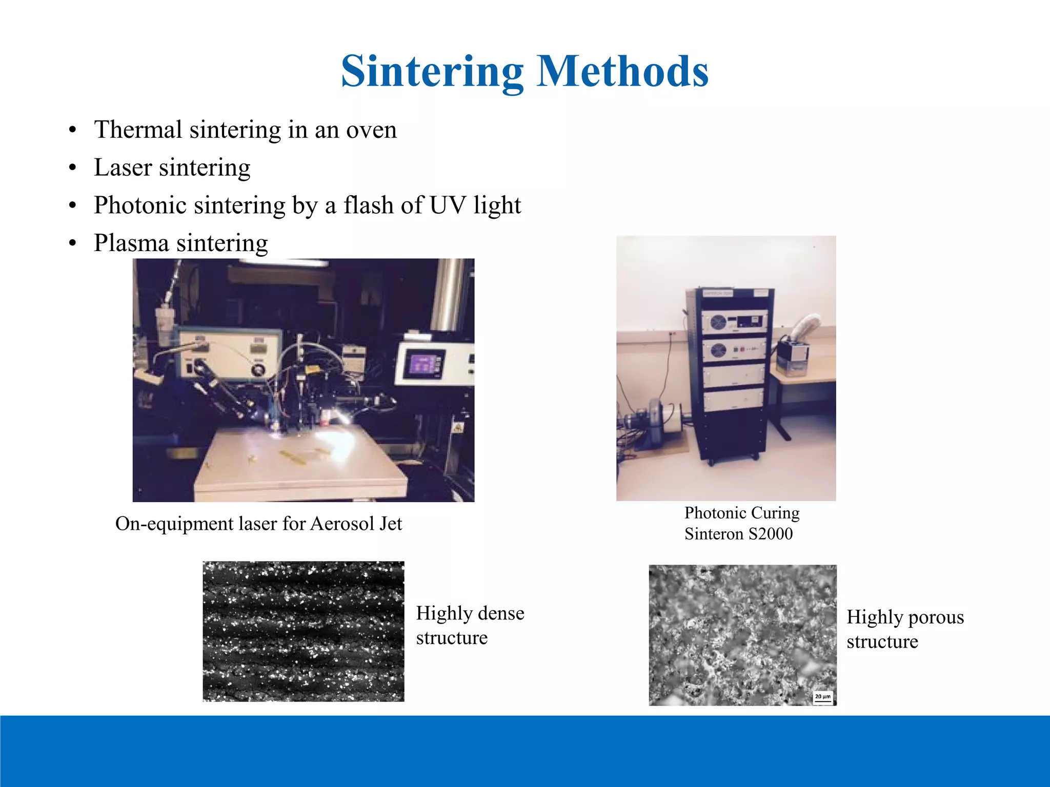 • Thermal sintering in an oven
• Laser sintering
• Photonic sintering by a flash of UV light
• Plasma sintering
Sintering Methods
Photonic Curing
Sinteron S2000
On-equipment laser for Aerosol Jet
Highly porous
structure
Highly dense
structure
 