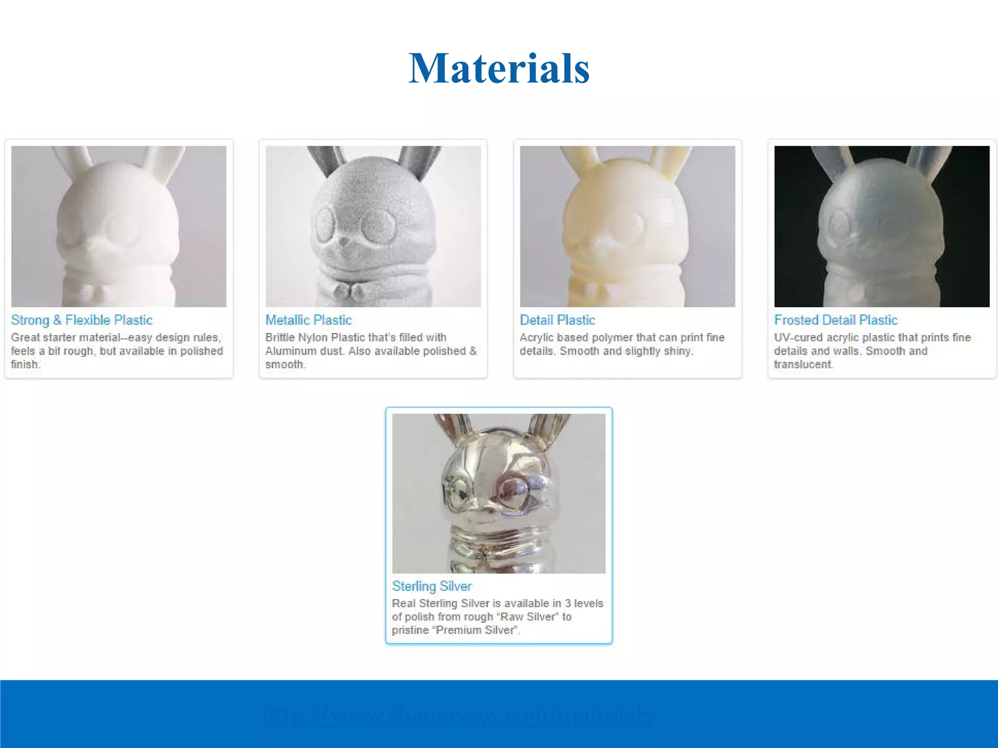 Materials
http://www.shapeways.com/materials
 
