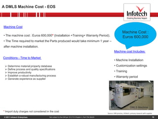 © 2011 Infotech Enterprises 10
A DMLS Machine Cost - EOS
Not subject to the EAR per 15 C.F.R. Chapter 1, Part 734.3(b)(3)
Machine Cost :
Euros 600,000
Machine cost Includes:
• Machine Installation
• Customization settings
• Training
• Warranty period
DMLS Machine
Machine Cost
• The machine cost : Euros 600,000* (Installation +Training+ Warranty Period).
• The Time required to market the Parts produced would take minimum 1 year –
after machine installation.
* Import duty charges not considered in the cost
 Determine material property database
 Define process and quality specifications
 Improve productivity
 Establish a robust manufacturing process
 Generate experience as supplier
Conditions - Time to Market
Source: AIM practice, Infotech, primary research with supplier
 