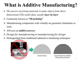 What is Additive Manufacturing?
 The process of joining materials to make objects from three-
dimensional (3D) model data, usually layer by layer
 Commonly known as “3D printing”
 Manufacturing components with virtually no geometric limitations or
tools.
 AM uses an additive process
 Design for manufacturing to manufacturing for design
 Distinguished from traditional subtractive machining techniques
4
 