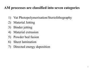 AM processes are classified into seven categories
1) Vat Photopolymerisation/Steriolithography
2) Material Jetting
3) Binder jetting
4) Material extrusion
5) Powder bed fusion
6) Sheet lamination
7) Directed energy deposition
8
 