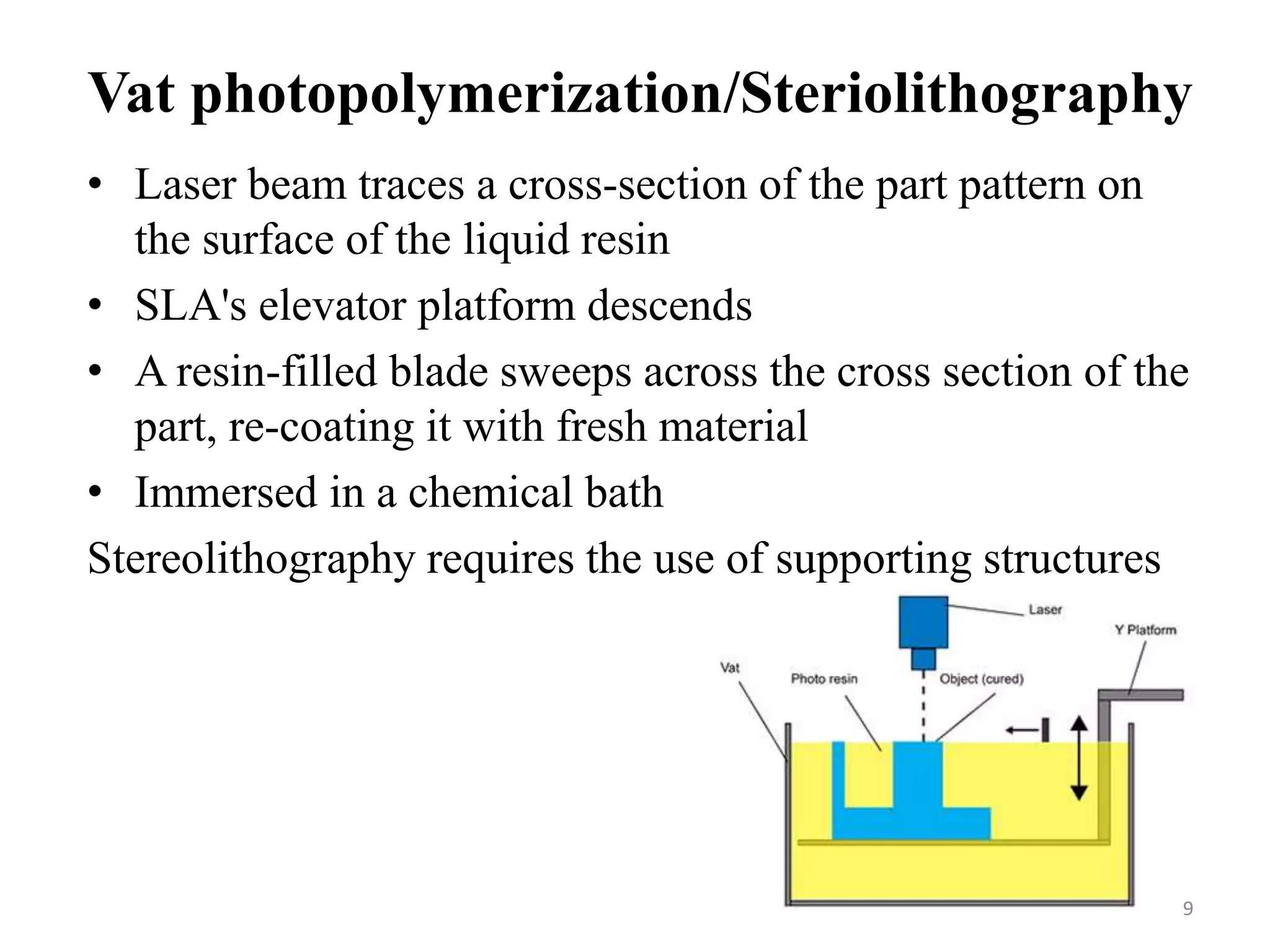 Vat photopolymerization/Steriolithography
• Laser beam traces a cross-section of the part pattern on
the surface of the liquid resin
• SLA's elevator platform descends
• A resin-filled blade sweeps across the cross section of the
part, re-coating it with fresh material
• Immersed in a chemical bath
Stereolithography requires the use of supporting structures
9
 