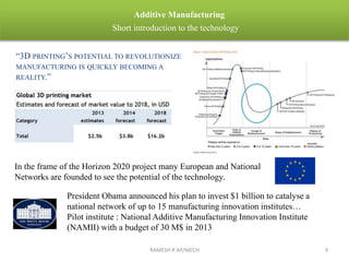 RAMESH R AP/MECH 9
Additive Manufacturing
Short introduction to the technology
President Obama announced his plan to invest $1 billion to catalyse a
national network of up to 15 manufacturing innovation institutes…
Pilot institute : National Additive Manufacturing Innovation Institute
(NAMII) with a budget of 30 M$ in 2013
“3D PRINTING’S POTENTIAL TO REVOLUTIONIZE
MANUFACTURING IS QUICKLY BECOMING A
REALITY.”
In the frame of the Horizon 2020 project many European and National
Networks are founded to see the potential of the technology.
 