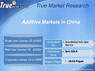 Additive Markets in China
True Market Research
Multi User License: US $10000
Corporate License: US $ 10000
• Asia Market Info And
Dev Co.
Published
By
• Jan-2014Published
Date
Single User License: US $ 6000
Report Pages • 1618 Pages
© True Market Research
 