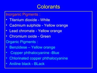 Colorants Inorganic Pigments : Titanium dioxide - White Cadmium sulphide - Yellow orange Lead chromate - Yellow orange Chromium oxide - Green Organic Pigments : Benzidese – Yellow orange Copper phthalocyanine -Blue Chlorinated copper phthalocyanine Aniline black - BLack 