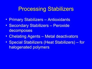 Processing Stabilizers Primary Stabilizers – Antioxidants Secondary Stabilizers – Peroxide decomposes Chelating Agents – Metal deactivators Special Stabilizers (Heat Stabilizers) – for halogenated polymers 
