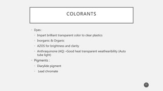 COLORANTS
• Dyes :
• Impart brilliant transparent color to clear plastics
• Inorganic & Organic
• AZOS for brightness and clarity
• Anthraquinone (AQ) –Good heat transparent weathearibility (Auto
tube light)
• Pigments :
• Diarylide pigment
• Lead chromate
11
 