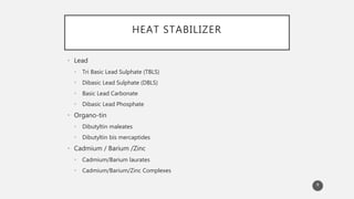 HEAT STABILIZER
• Lead
• Tri Basic Lead Sulphate (TBLS)
• Dibasic Lead Sulphate (DBLS)
• Basic Lead Carbonate
• Dibasic Lead Phosphate
• Organo-tin
• Dibutyltin maleates
• Dibutyltin bis mercaptides
• Cadmium / Barium /Zinc
• Cadmium/Barium laurates
• Cadmium/Barium/Zinc Complexes
8
 