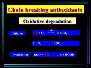 Chain breaking antioxidantsChain breaking antioxidants
Oxidative degradationOxidative degradation
RR..
+O+O22 ROOROO..
InitiationInitiation RHRH + O+ O22 RR..
+HO+HO22
..
ROOROO..
++ RHRH RR..
+ ROOH+ ROOHPropagationPropagation
 