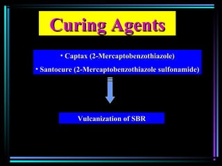 Curing AgentsCuring Agents
• Captax (2-Mercaptobenzothiazole)Captax (2-Mercaptobenzothiazole)
• Santocure (2-Mercaptobenzothiazole sulfonamide)Santocure (2-Mercaptobenzothiazole sulfonamide)
Vulcanization of SBRVulcanization of SBR
 