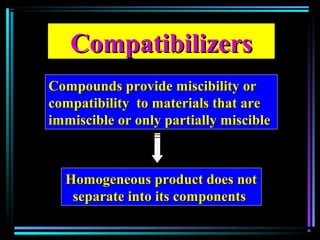 CompatibilizersCompatibilizers
Compounds provide miscibility orCompounds provide miscibility or
compatibility to materials that arecompatibility to materials that are
immiscible or only partially miscibleimmiscible or only partially miscible
Homogeneous product does notHomogeneous product does not
separate into its componentsseparate into its components
 