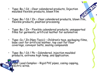 • Type: Ba / Cd - Clear calendered products, Injection
  moulded flexible products, blown film

• Type: Ba / Cd / Zn – Clear calendered products, blown film,
  flexible products, plastisol processing

• Type: Ba / Zn – Flexible calendered products, unsupported
  films for garments, artificial leather for automotive

• Type: Ca / Zn (Non-Toxic) – Children’s toys, packaging films,
  base coat for artificial leather, top coat for floor
  coverings, conveyor belts, sealing compounds

• Type: Ba / Cd / Pb – Calendered, injection moulded
  products, extreme high temp, and application.

• Type: Lead Complex – Rigid PVC pipes, casing capping,
  electric wires.
 