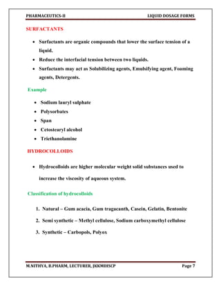 PHARMACEUTICS-II LIQUID DOSAGE FORMS
M.NITHYA, B.PHARM, LECTURER, JKKMIHSCP Page 7
SURFACTANTS
 Surfactants are organic compounds that lower the surface tension of a
liquid.
 Reduce the interfacial tension between two liquids.
 Surfactants may act as Solubilizing agents, Emulsifying agent, Foaming
agents, Detergents.
Example
 Sodium lauryl sulphate
 Polysorbates
 Span
 Cetostearyl alcohol
 Triethanolamine
HYDROCOLLOIDS
 Hydrocolloids are higher molecular weight solid substances used to
increase the viscosity of aqueous system.
Classification of hydrocolloids
1. Natural – Gum acacia, Gum tragacanth, Casein, Gelatin, Bentonite
2. Semi synthetic – Methyl cellulose, Sodium carboxymethyl cellulose
3. Synthetic – Carbopols, Polyox
 
