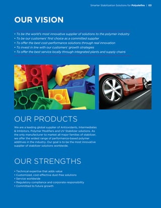• To be the world’s most innovative supplier of solutions to the polymer industry
• To be our customers’ ﬁrst choice as a committed supplier
• To offer the best cost-performance solutions through real innovation
• To invest in line with our customers’ growth strategies
• To offer the best service locally through integrated plants and supply chains
We are a leading global supplier of Antioxidants, Intermediates
& Inhibitors, Polymer Modiﬁers and UV Stabilizer solutions. As
the only manufacturer to market all major families of stabilizer,
we offer the widest range of performance-based polymer
additives in the industry. Our goal is to be the most innovative
supplier of stabilizer solutions worldwide.
• Technical expertise that adds value
• Customized, cost-effective dust-free solutions
• Service worldwide
• Regulatory compliance and corporate responsibility
• Committed to future growth
OUR STRENGTHS
OUR VISION
OUR PRODUCTS
Smarter Stabilization Solutions for Polyoleﬁns | 03
 