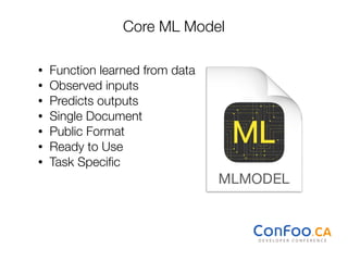 Core ML Model
• Function learned from data
• Observed inputs
• Predicts outputs
• Single Document
• Public Format
• Ready to Use
• Task Speciﬁc
 