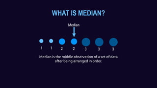 WHAT IS MEDIAN?
Median is the middle observation of a set of data
after being arranged in order.
 