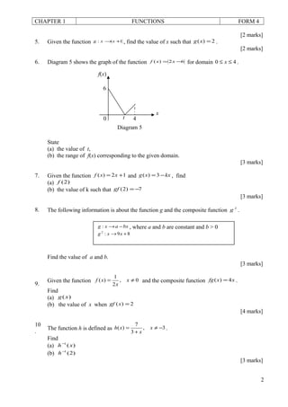 CHAPTER 1 FUNCTIONS FORM 4
[2 marks]
5. Given the function 1: +→xxg , find the value of x such that 2)( =xg .
[2 marks]
6. Diagram 5 shows the graph of the function 62)( −= xxf for domain 40 ≤≤ x .
State
(a) the value of t,
(b) the range of f(x) corresponding to the given domain.
[3 marks]
7. Given the function 12)( += xxf and kxxg −= 3)( , find
(a) )2(f
(b) the value of k such that 7)2( −=gf
[3 marks]
8. The following information is about the function g and the composite function 2
g .
Find the value of a and b.
[3 marks]
9.
Given the function 0,
2
1
)( ≠= x
x
xf and the composite function xxfg 4)( = .
Find
(a) )(xg
(b) the value of x when 2)( =xgf
[4 marks]
10
.
The function h is defined as 3,
3
7
)( −≠
+
= x
x
xh .
Find
(a) )(1
xh−
(b) )2(1−
h
[3 marks]
2
x
4t0
6
f(x)
Diagram 5
bxaxg −→: , where a and b are constant and b > 0
89:2
+→ xxg
 