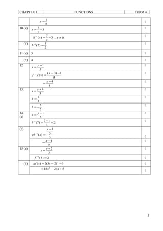 CHAPTER 1 FUNCTIONS FORM 4
8
1
=x 1
10 (a) 3
7
−=
y
x 1
3
7
)(1
−=−
x
xh , 0≠x
1
(b)
2
1
)2(1
=−
h
1
11 (a) 5 1
(b) 4 1
12
5
1−
=
y
x
1
5
1)3(
)(1 −−
=− x
xgf
1
5
4−
=
x 1
13.
3
hy
x
+
=
1
3
1
=k
1
2
3
−=h
1
14.
(a) 3
1−
=
y
x
1
2
3
17
)7(1
=
−
=−
h
1
(b)
3
3
1
)(1
−
=−
x
xgh
1
9
1−
=
x 1
15 (a)
3
2+
=
y
x
1
2)4(1
=−
f 1
(b) 3)23(2)( 2
−−= xxgf 1
52418 2
+−= xx
1
5
 