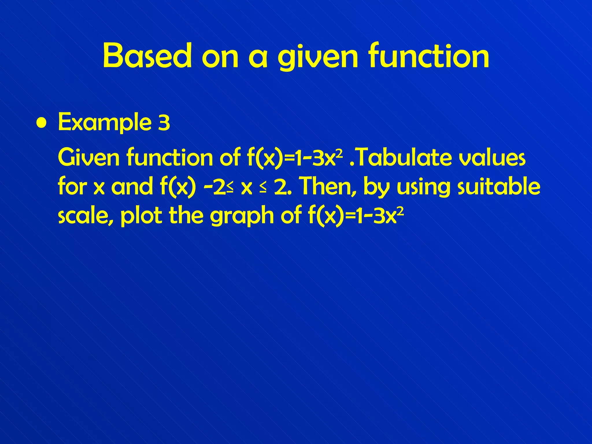 Based on a given function Example 3 Given function of f(x)=1-3x 2  .Tabulate values for x and f(x) -2 ≤ x ≤ 2. Then, by using suitable scale, plot the graph of  f(x)=1-3x 2 