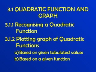 3.1 QUADRATIC FUNCTION AND GRAPH 3.1.1 Recognising a Quadratic   Function 3.1.2 Plotting graph of Quadratic   Functions Based on given tabulated values Based on a given function 