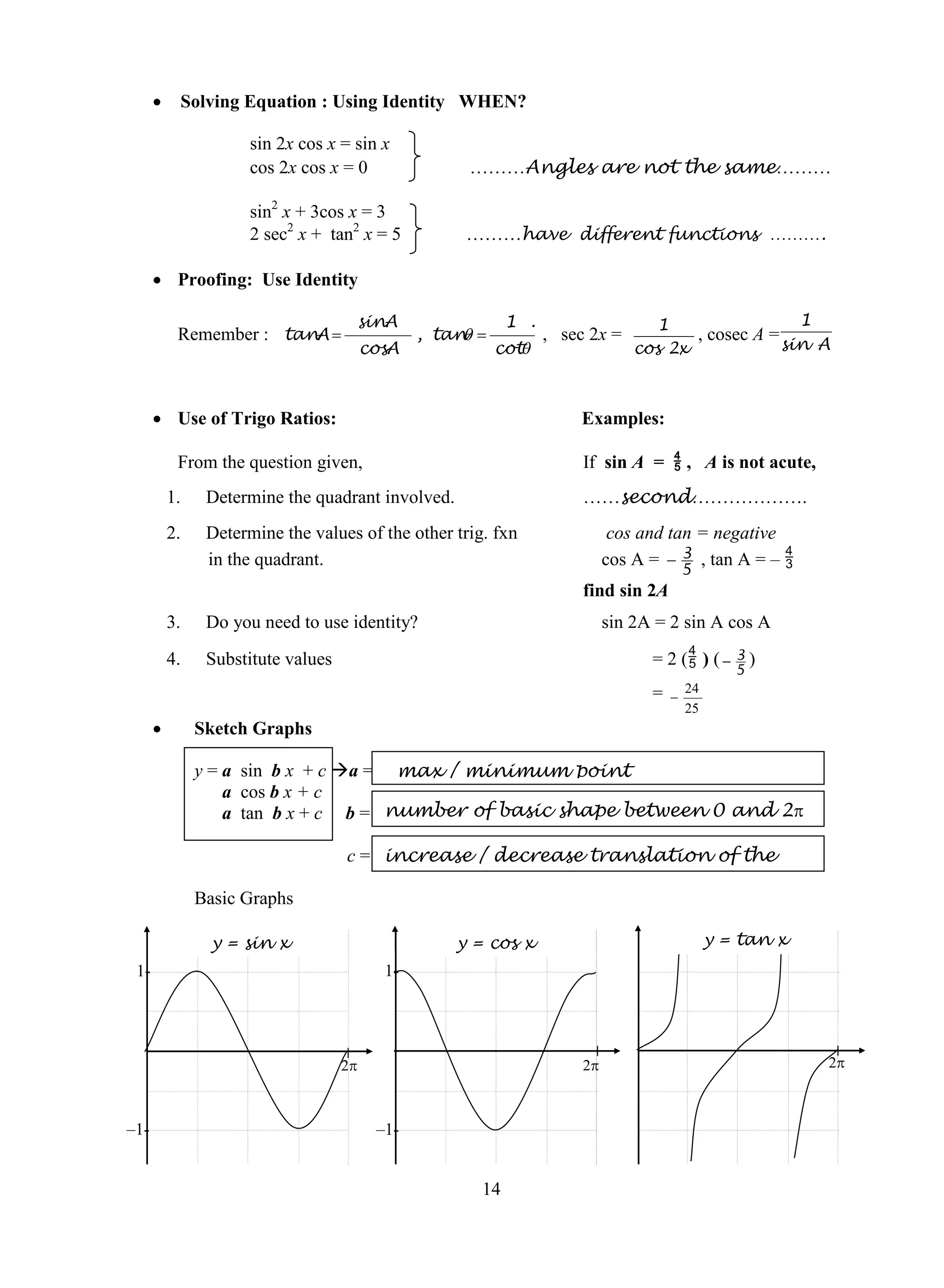      Solving Equation : Using Identity WHEN?

                      sin 2x cos x = sin x
                      cos 2x cos x = 0               ………Angles are not the same………

                      sin2 x + 3cos x = 3
                      2 sec2 x + tan2 x = 5         ………have different functions ……….

       Proofing: Use Identity

                                     sinA                  1 .                    1                 1
           Remember : tanA                          
                                                , tan           , sec 2x =           , cosec A =
                                         cosA             cot                 cos 2x             sin A



       Use of Trigo Ratios:                                         Examples:

           From the question given,                                   If sin A =  , A is not acute,
          1.    Determine the quadrant involved.                      ……second……………….
          2.    Determine the values of the other trig. fxn                 cos and tan = negative
                in the quadrant.                                           cos A =  3 , tan A = – 
                                                                                      5
                                                                      find sin 2A
          3.    Do you need to use identity?                               sin 2A = 2 sin A cos A
          4.    Substitute values                                                = 2 ( ) (  3 )
                                                                                               5
                                                                                 =     24
                                                                                     
                                                                                       25
              Sketch Graphs

               y = a sin b x + c a = max / minimum point
                   a cos b x + c
                   a tan b x + c b = number of basic shape between 0 and 2

                                    c = increase / decrease translation of the

               Basic Graphs

                 y = sin x                         y = cos x                                y = tan x
 1-                                        1-




                                    2                                2                                2



–1-                                       –1-


                                                      14
 