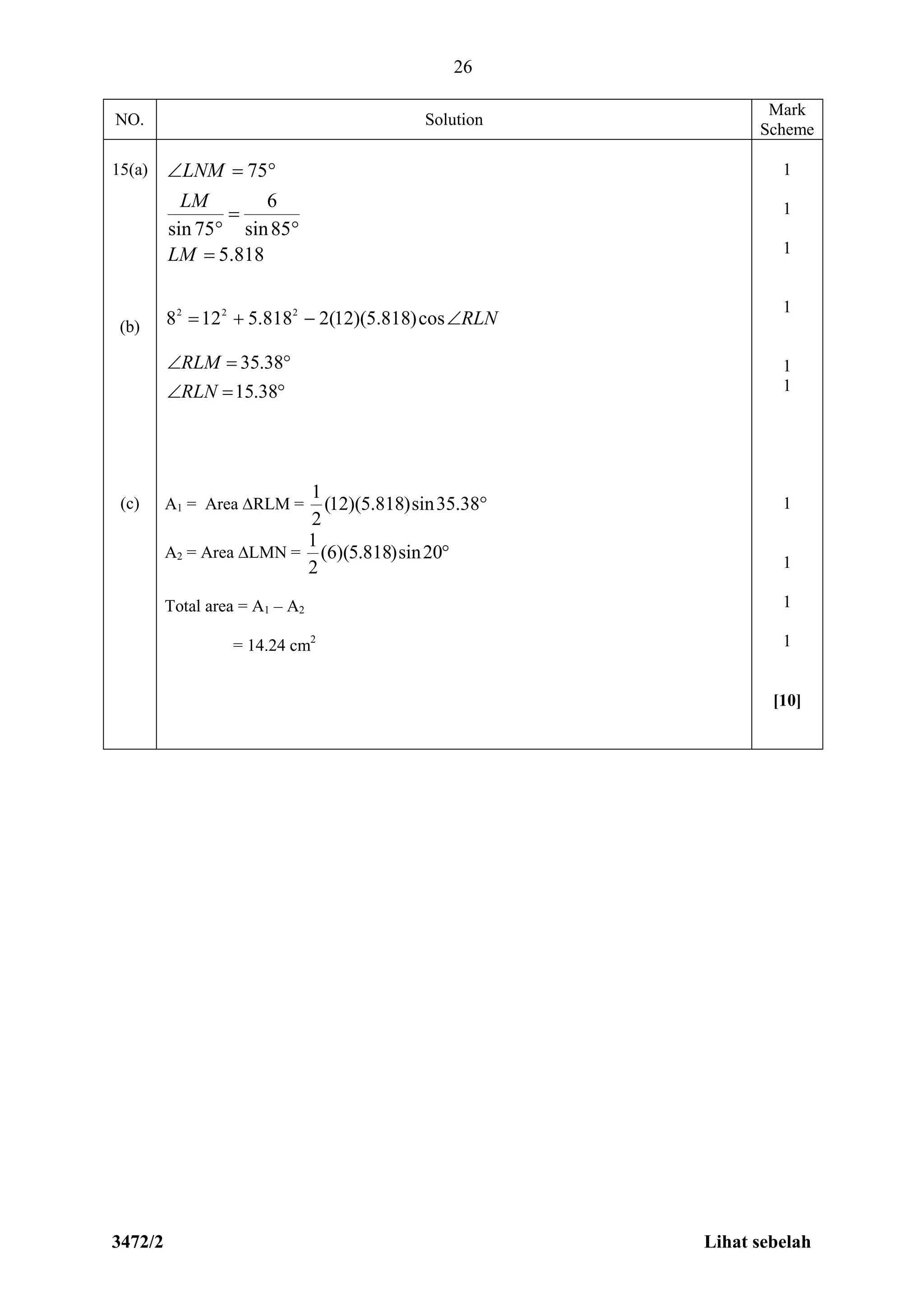 3472/2 Lihat sebelah
26
NO. Solution
Mark
Scheme
15(a)
(b)
(c)
818.5
85sin
6
75sin
75





LM
LM
LNM
RLN cos)818.5)(12(2818.5128 222


38.15
38.35
RLN
RLM
A1 = Area ∆RLM = 38.35sin)818.5)(12(
2
1
A2 = Area ∆LMN = 20sin)818.5)(6(
2
1
Total area = A1 – A2
= 14.24 cm2
1
1
1
1
1
1
1
1
1
1
[10]
 