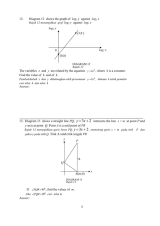 5 
12. Diagram 12 shows the graph of log3 y against log3 x 
Rajah 12 menunjukkan graf log3 y against log3 x 
Rajah 12 
The variables x and y are related by the equation 4 y  kx , where k is a constant. 
Find the value of h and of k. 
Pembolehubah x dan y dihubungkan oleh persamaan 4 y  kx , dimana k ialah pemalar 
cari nilai h dan nilai k 
Answer: 
13. Diagram 13 shows a straight line PQ, y 3x  2 intersects the line x = m at point P and 
y-axis at point Q. Point A is a mid point of PR 
Rajah 13 menunjukkan garis lurus PQ, y 3x  2, memotong garis x = m pada titik P dan 
paksi-y pada titik Q. Titik A ialah titik tengah PR 
Rajah 13 
If 0 PQR 90 , find the values of m. 
Jika 0 PQR 90 , cari nilai m 
Answer : 
y 
DIAGRAM 13 
P 
Q 
R(m,0) 
x 
(3,9 ) 
(0,h) 
DIAGRAM 12 
0 
log3 y 
log3 x 
∙A 
 