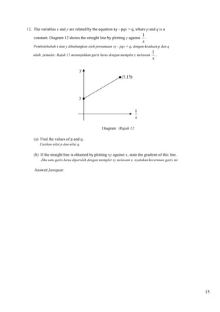 15 
12. The variables x and y are related by the equation xy - pqx = q, where p and q is a 
constant. Diagram 12 shows the straight line by plotting y against 
1 
x 
. 
Pembolehubah x dan y dihubungkan oleh persamaan xy - pqx = q, dengan keadaan p dan q 
ialah pemalar. Rajah 12 menunjukkan garis lurus dengan memplot y melawan 
1 
x 
. 
Diagram /Rajah 12 
(a) Find the values of p and q. 
Carikan nilai p dan nilai q. 
(b) If the straight line is obtained by plotting xy against x, state the gradient of this line. 
Jika satu garis lurus diperoleh dengan memplot xy melawan x, nyatakan kecerunan garis ini 
Answer/Jawapan: 
3 
(5,13) 
y 
 