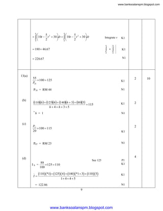 www.banksoalanspm.blogspot.com

5
5




  10t  t 2  30 dt   10t  t 2  30 dt
2
2


0
6
6

8

Integrate v
6



 180  46.67

8

+

0

 226.67

13(a)

K1



K1

6

N1

K1

P10 = RM 44
(b)

55
 100  125
P10

N1

110h  1254  140h  3  885  115

K1

h  4 h 35

*

(c)

h = 1

2

2

N1

P11
 100  115
20

K1

P07 = RM 23

N1

2

4

(d)
IS


See 125

88
=
 125  110
100

I

110*1  125 4  140*1  3  110 5

P1
K1

K1

1 4  4  5
N1

= 122.86
9

www.banksoalanspm.blogspot.com

10

 