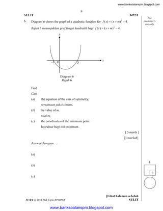 www.banksoalanspm.blogspot.com

9
SULIT
6.

3472/1

Diagram 6 shows the graph of a quadratic function for f ( x)  ( x  m)  4.
2

For
examiner’s
use only

Rajah 6 menunjukkan graf fungsi kuadratik bagi f ( x)  ( x  m) 2  4.
y

-1 O

3

x

Diagram 6
Rajah 6
Find
Cari
(a)

the equation of the axis of symmetry,
persamaan paksi simetri,

(b)

the value of m,
nilai m,

(c)

the coordinates of the minimum point.
koordinat bagi titik minimum.
[ 3 marks ]
[3 markah]

Answer/Jawapan :

(a)
6
(b)
3
(c)

3472/1 @ 2012 Hak Cipta BPSBPSK

[Lihat halaman sebelah
SULIT

www.banksoalanspm.blogspot.com

 