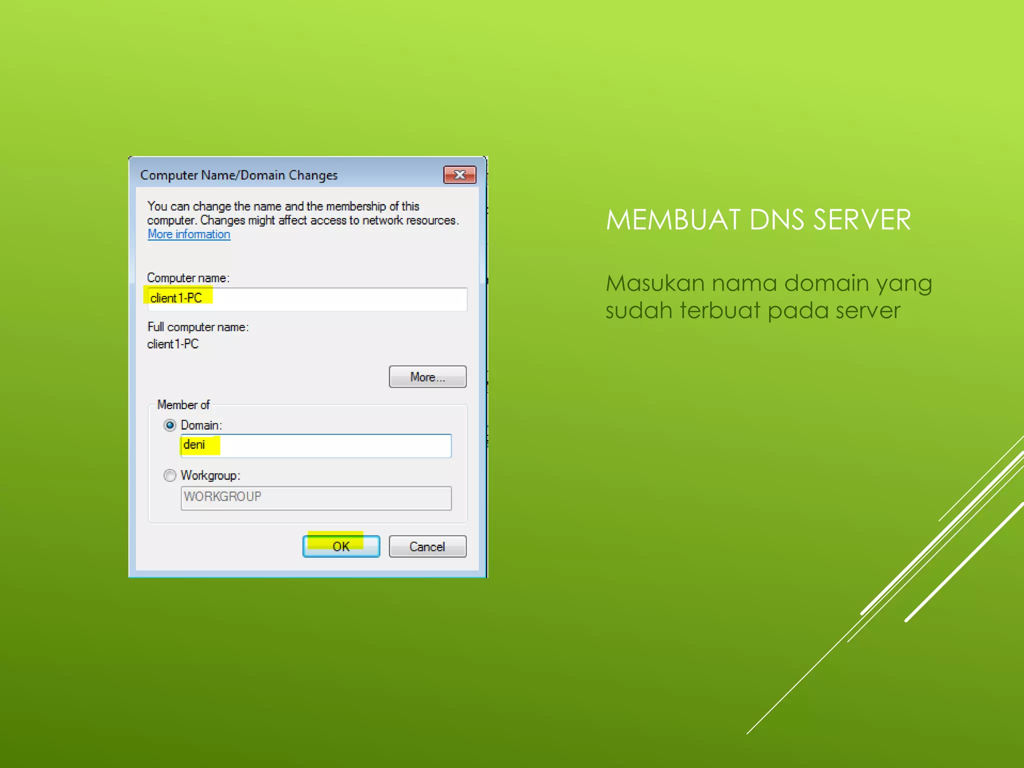 MEMBUAT DNS SERVER
Masukan nama domain yang
sudah terbuat pada server
 