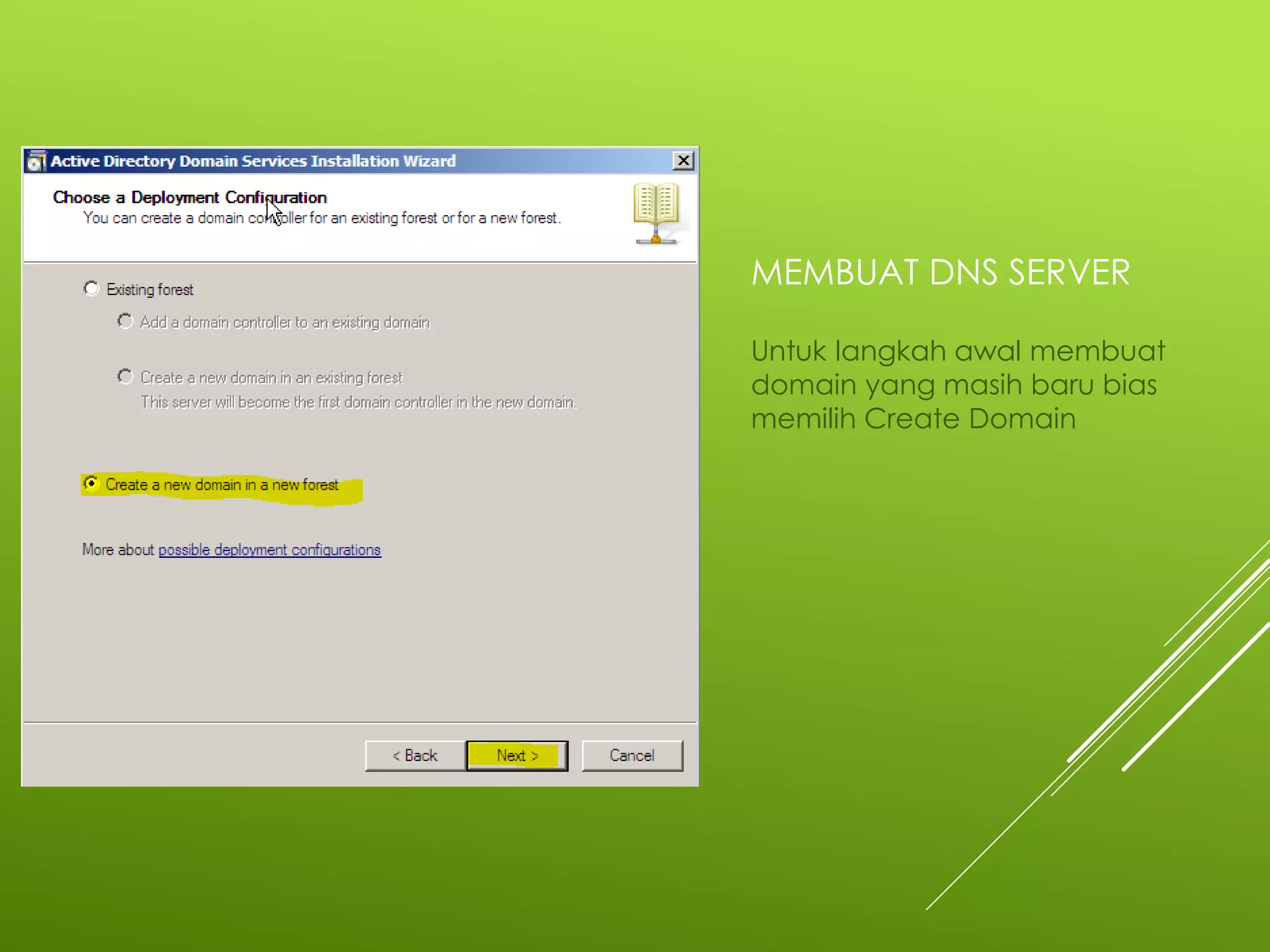 MEMBUAT DNS SERVER
Untuk langkah awal membuat
domain yang masih baru bias
memilih Create Domain
 