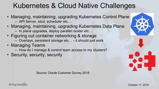 October 17, 2018October 17, 2018
• Managing, maintaining, upgrading Kubernetes Control Plane
– API Server, etcd, scheduler etc….
• Managing, maintaining, upgrading Kubernetes Data Plane
– In place upgrades, deploy parallel cluster etc….
• Figuring out container networking & storage
– Overlays, persistent storage etc… - it should just work
• Managing Teams
– How do I manage & control team access to my clusters?
• Security, security, security
Kubernetes & Cloud Native Challenges
Source: Oracle Customer Survey 2018
 