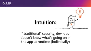Intuition:
“traditional” security, dev, ops
doesn’t know what’s going on in
the app at runtime (holistically)
 