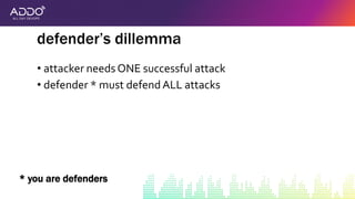 • attacker needs ONE successful attack
• defender * must defendALL attacks
defender’s dillemma
* you are defenders
 