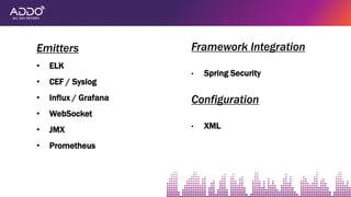 Emitters
• ELK
• CEF / Syslog
• Influx / Grafana
• WebSocket
• JMX
• Prometheus
Framework Integration
• Spring Security
Configuration
• XML
 
