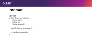 thesis:
modern secure
applications protect
themselves against
attackers
@POST
public Response transfer(
String from,
String to,
String amount) {
transfer(from, to, amount);
return Response.ok();
}
manual
 