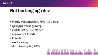 • mostly web apps [RoR, PHP, .NET, Java)
• ajax (jquery) use growing
• mobile just getting started
• deployment toVMs
• BI tools
• AWS starting
• cloud hype cycle (NIST)
Not too long ago dev
 