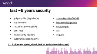 • 3rd party libs (dep-check)
• bug bounties
• sast / dast evolve (ZAP)
• iast / rasp
• http security headers
• automatic encoding (JXT)
last ~5 years security
• *-monkey –NetflixOSS
• bdd-security/gauntlt
• ci/cd plugins
• 2fa
• osquery
1 .. * of [scale, speed, cloud, lack of environmental access]
 
